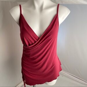 LeChateau adjustable strap ruched surplice asymmetrical top in raspberry